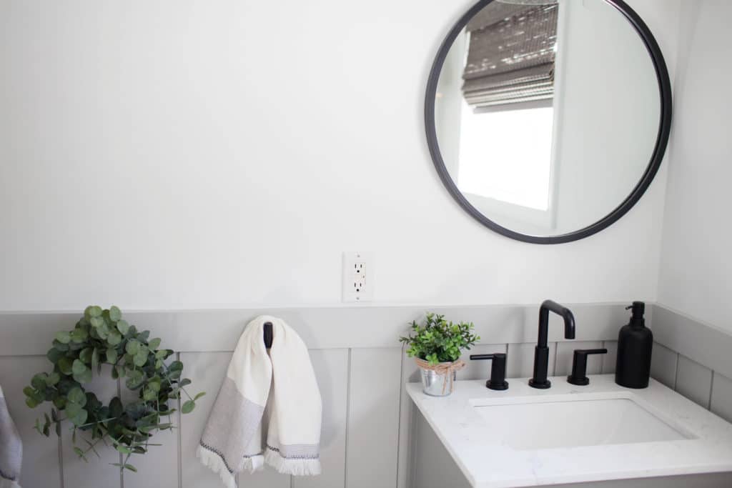 Small bathroom powder room, wainscoting, beadboard, Pure White, Sherwin Williams Light French Gray, budget-friendly makeover (1)