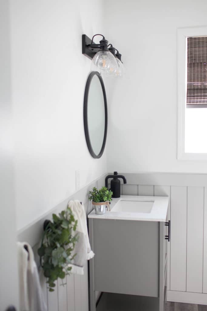 Small bathroom powder room, wainscoting, beadboard, Pure White, Sherwin Williams Light French Gray, budget-friendly makeover (2)
