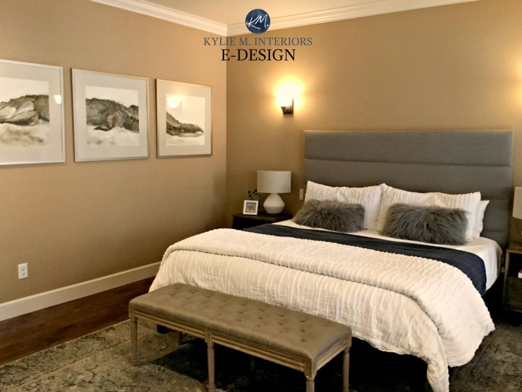 Bedroom paint colour. Kylie M Interiors E-design. Benjamin Moore Palm Desert Tan. Before image. client design