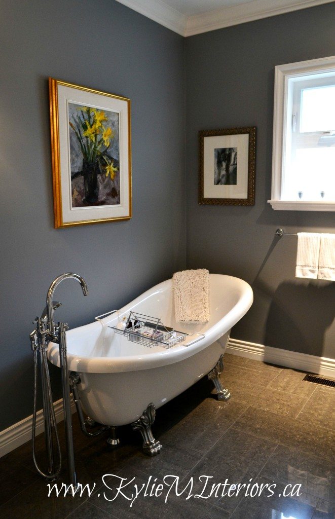 benjamin moore dior gray dark gray charcoal with purple undertone in bathroom with shiny porcelain gray flooring