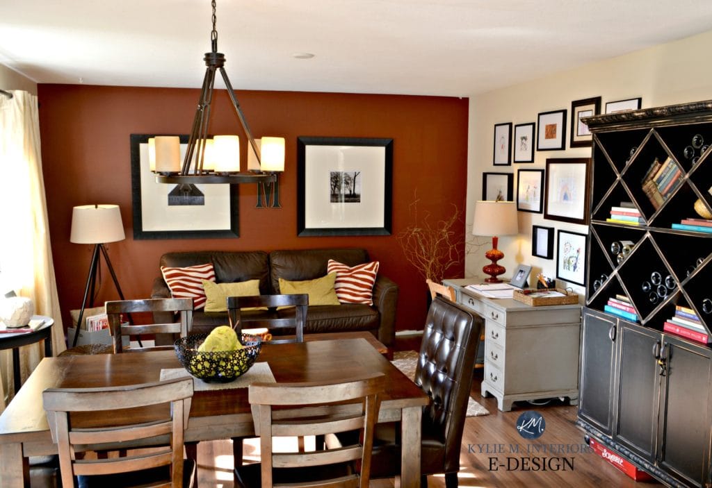 Benjamin Moore Tawny Rose feature accent wall,leather couch, artwork. Kylie M E-designs