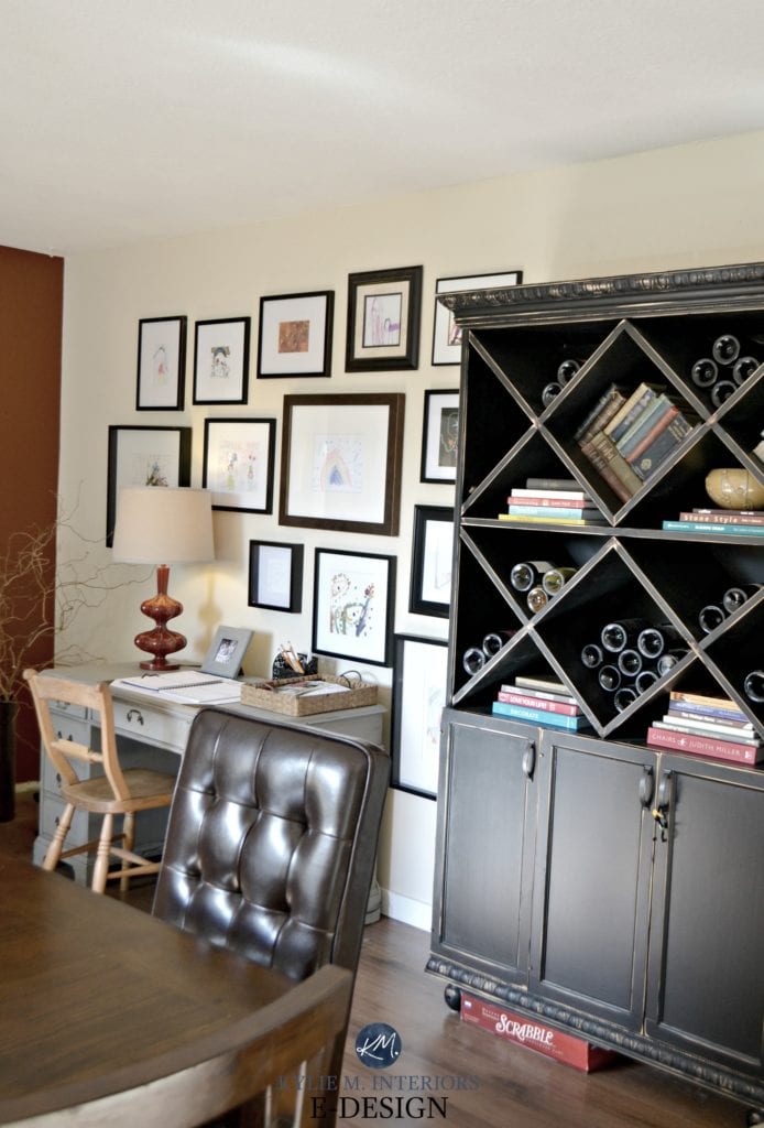 Black painted wine cabinets, kids art gallery wall. Benjamin Moore Gentle Cream. Kylie M Interiors