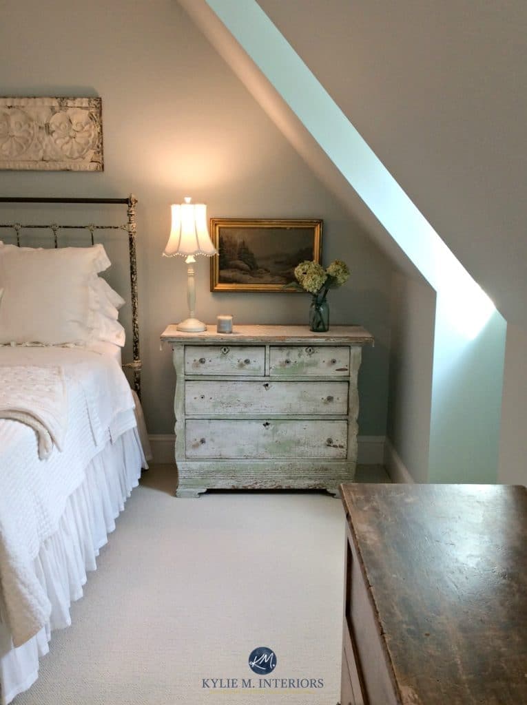 Benjamin Moore Woodlawn Blue, best blue paint colour. Antique distressed dresser and decor. Kylie M INteriors E-decor and ONline Design, Colour expert