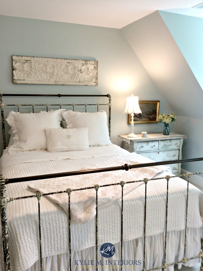 Benjamin Moore Woodlawn Blue, best blue paint colour. Guest bedroom. antique furniture. Kylie M Interiors E-decor, design and ONline Colour Consulting services