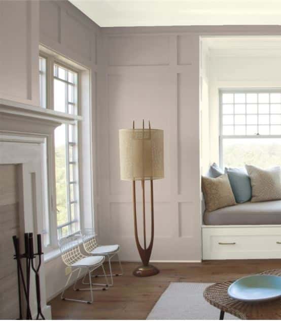 BEnjamin Moore Sandlot Gray, best purple paint colour shown in living room.