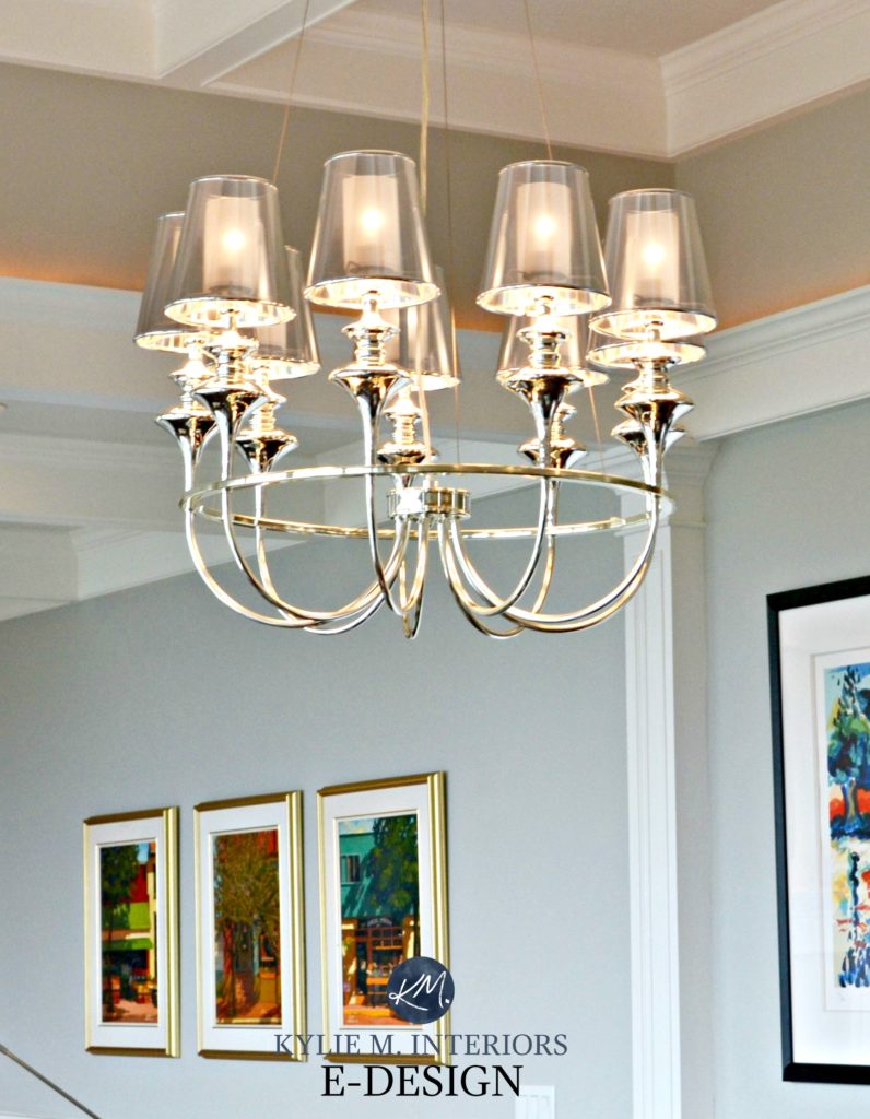 Chrome and shade chandlierwith Stonington Gray paint colour. Kylie M E-designs