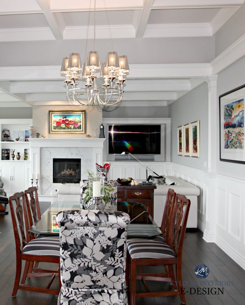 OPen layout living and dining room. Traditional contemporary style. Benjamin Moore Stonington Gray, fireplace marble and built-in. Kylie M E-design