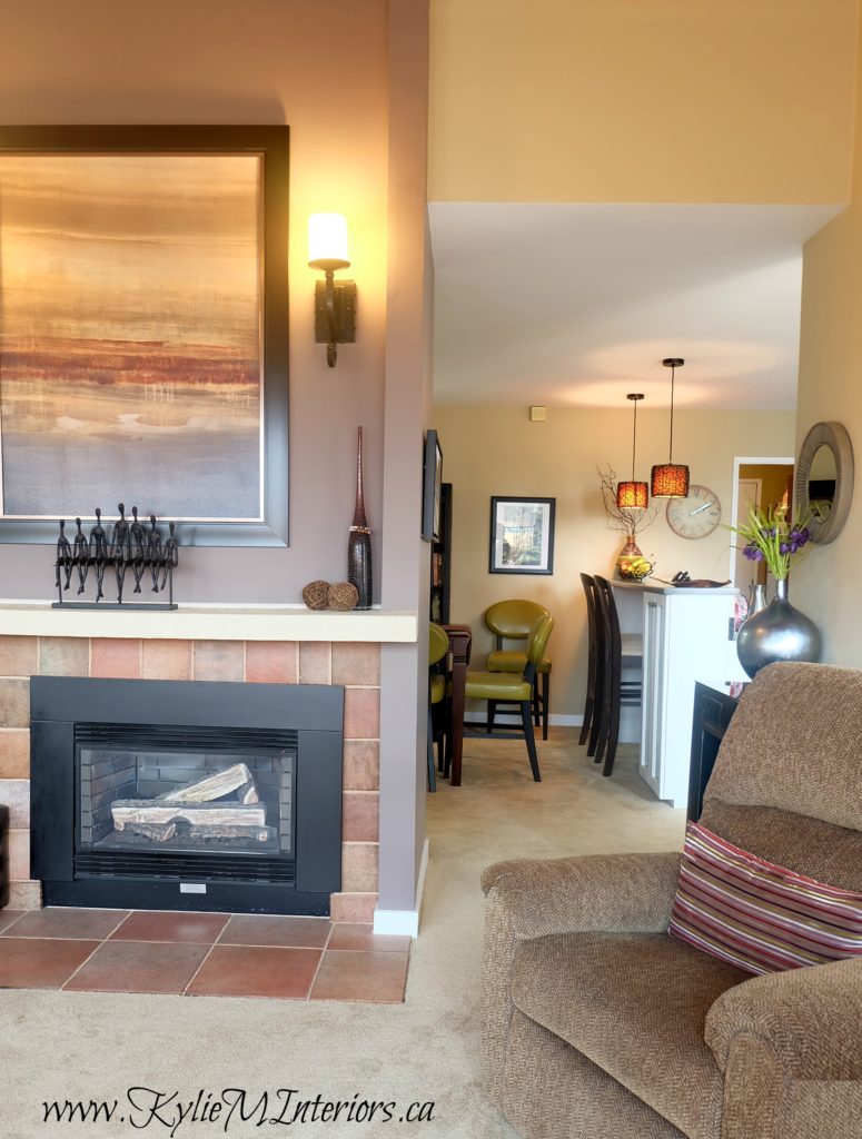 benjamin moore smoked oyster and stone house with tiled fireplace and green accents