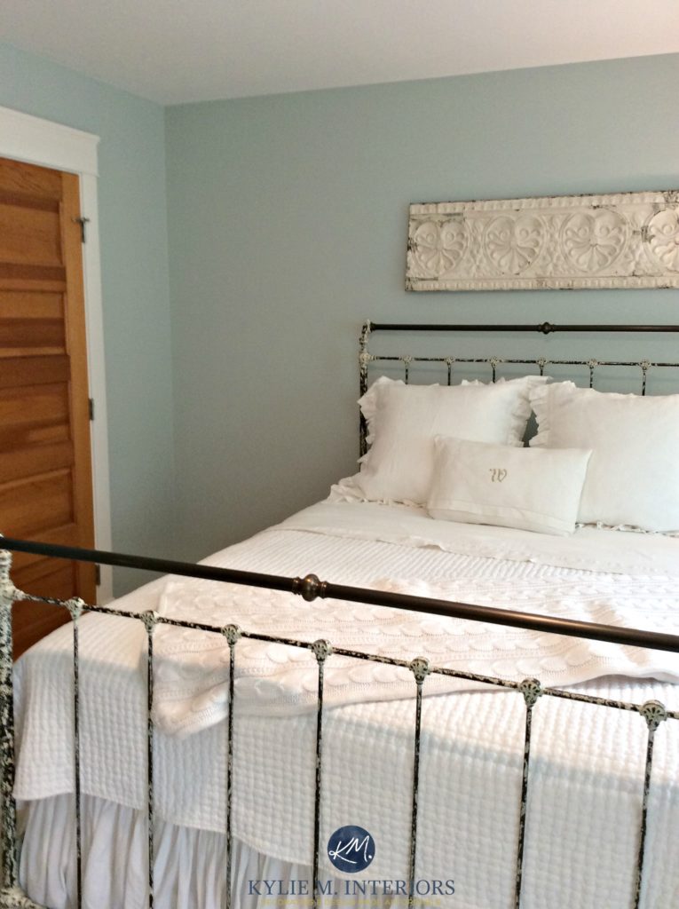 Benjamin Moore Woodlawn Blue, one of the best blue paint colours. Antique metal bed in guest bedroom. Kylie M Interiors E-decor and Online Design and colour expert