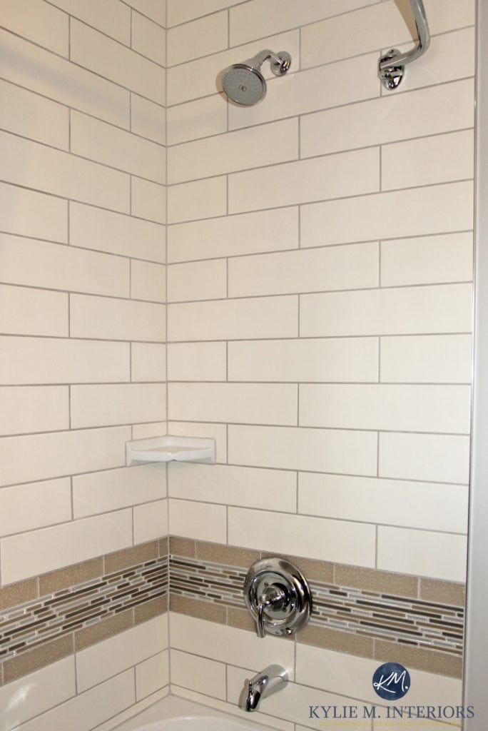 Ideas to update a bathroom with almond, bone coloured tub, shower, toilet or sink. Cream subway tiles with glass mosaic. Kylie M Interiors