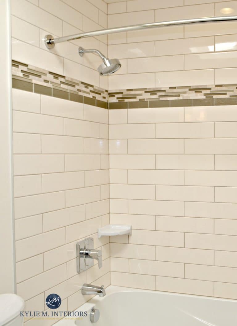 Ideas to update bone or almond coloured bathroom fixtures such as tub, shower, toilet and sink. Kylie M Interiors decor, color consulting and e-design blog