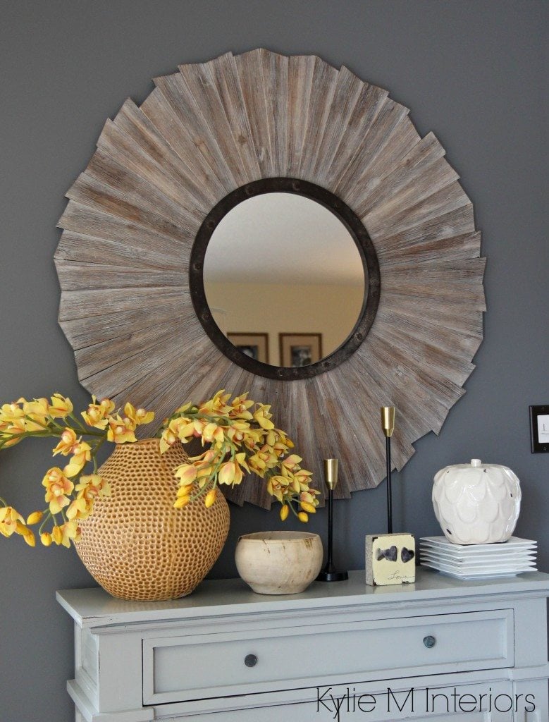 Benjamin Moore Steel Wool a gray with cool undertones. Country style home decor on dining room buffet