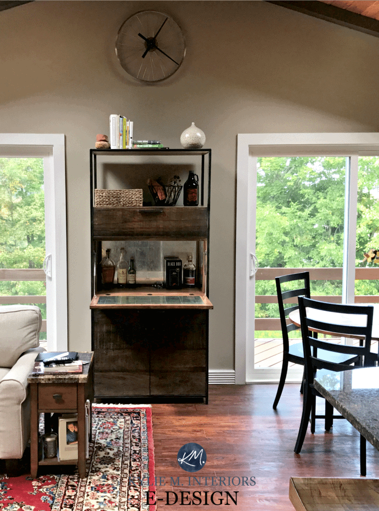 Benjamin Moore Pashmina, best mushroom greige paint colour. vaulted ceiling, wood furniture. KYlie M E-design