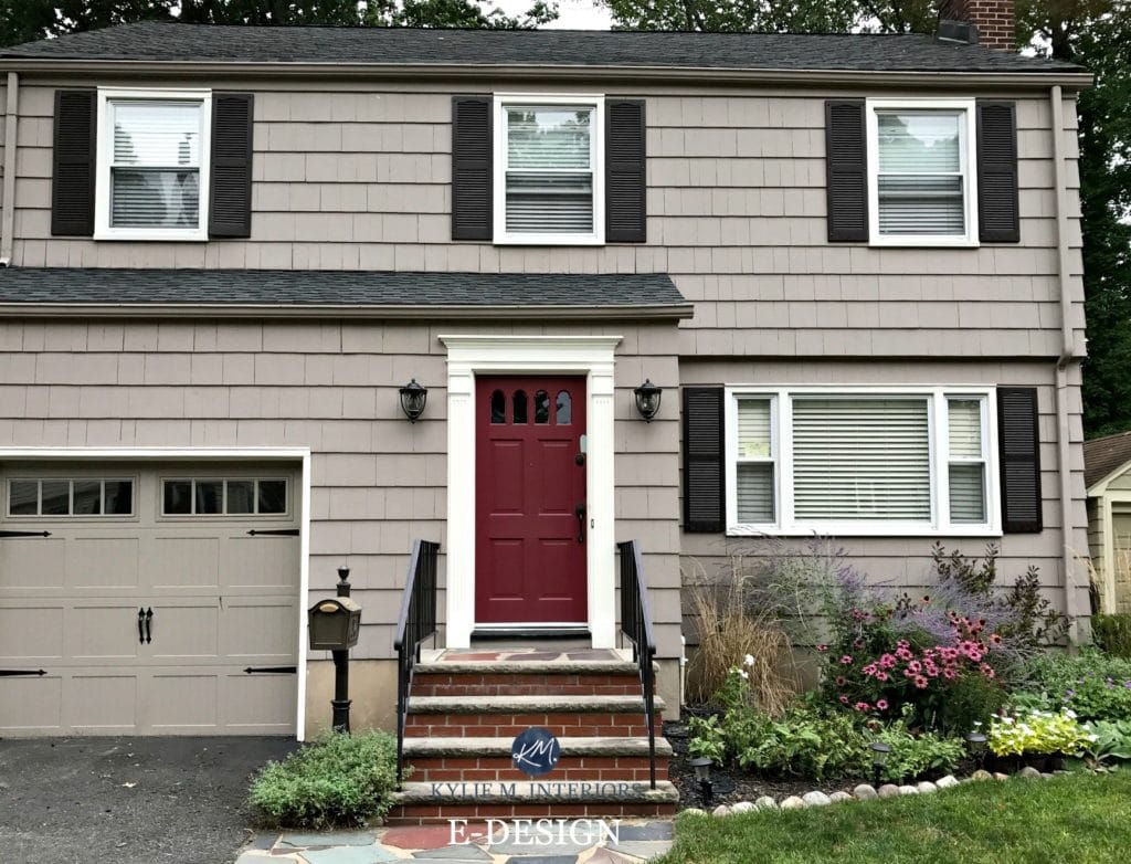 Exterior paint colour palette with charcoal gray roof and stone. Benjamin Moore Weimaraner, Dinner Party, Mascarpone, Wenge. Kylie M E-design