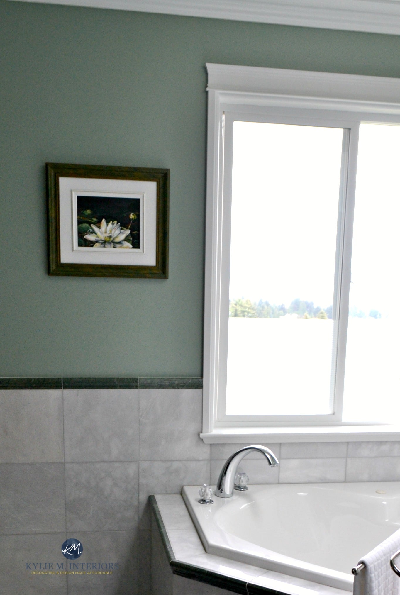 Ideas to update and modernize forest green tile, countertops, carpet, furniture and more by Kylie M INteriors