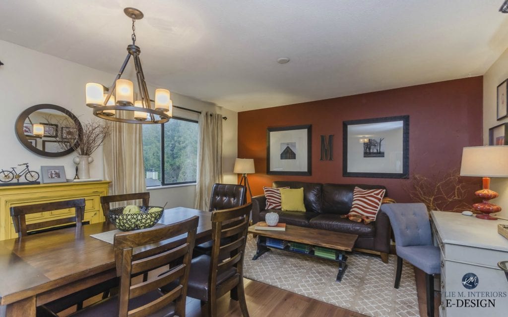 Feature wall in Benjamin Moore Tawny Rose, Gentle Cream, open layout dining and family room. Kylie M INteriors Edesign, online paint colour consulting. ARtez photography