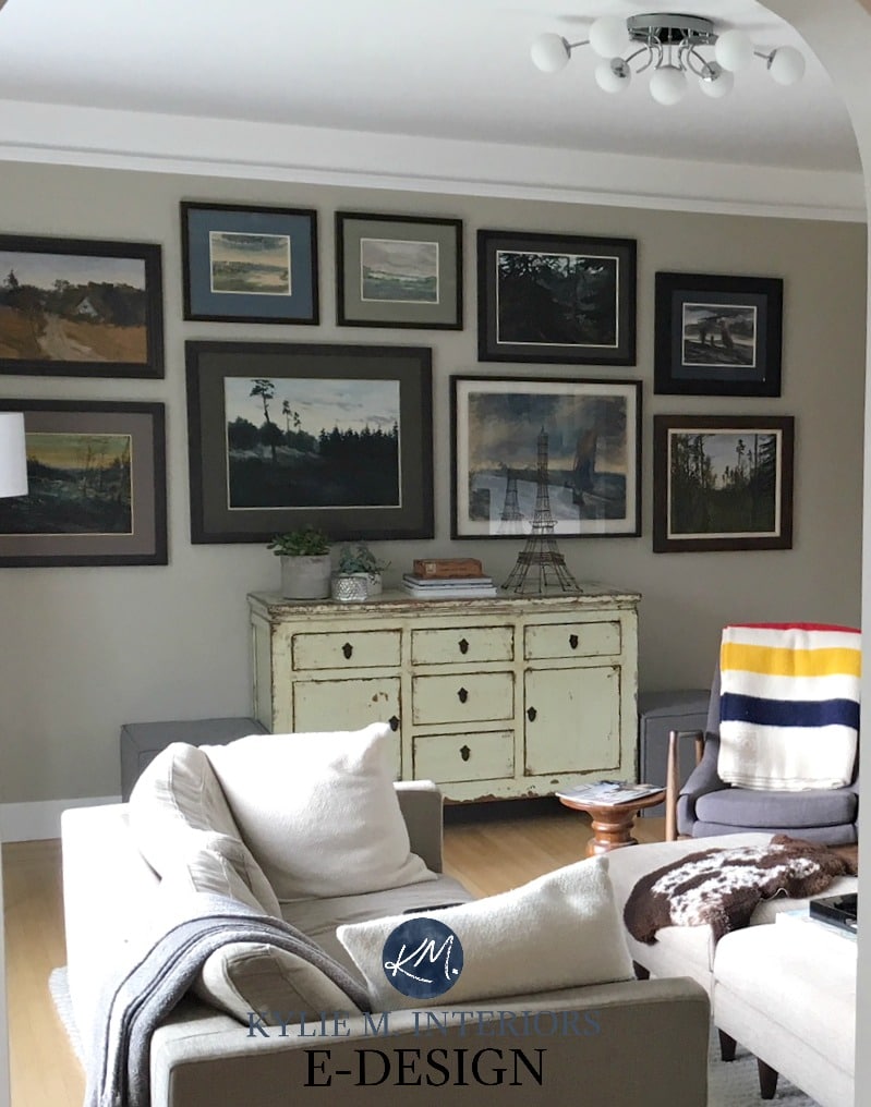 Benjamin Moore Grant Beige, living room, photo gallery wall, crown molding. Kylie M E-design, online paint color expert. Before image