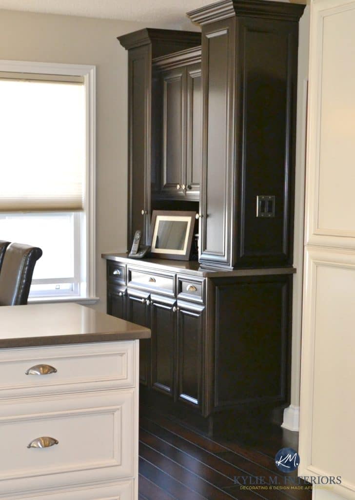 Benjamin Moore Grant Beige with cream and espresso cabinets and dark wood flooring. Kylie M Interiors E-design and online colour consultant
