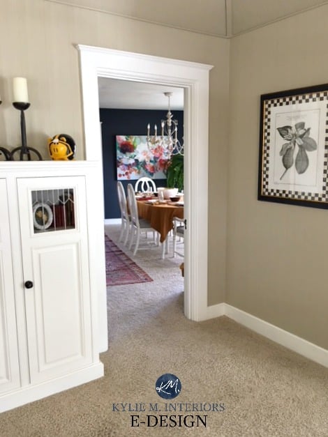 Benjamin Moore Hale Navy dining room, Bennington Gray, beige paint colour with neutral carpet. Kylie M INteriors E-design, online paint color consulting