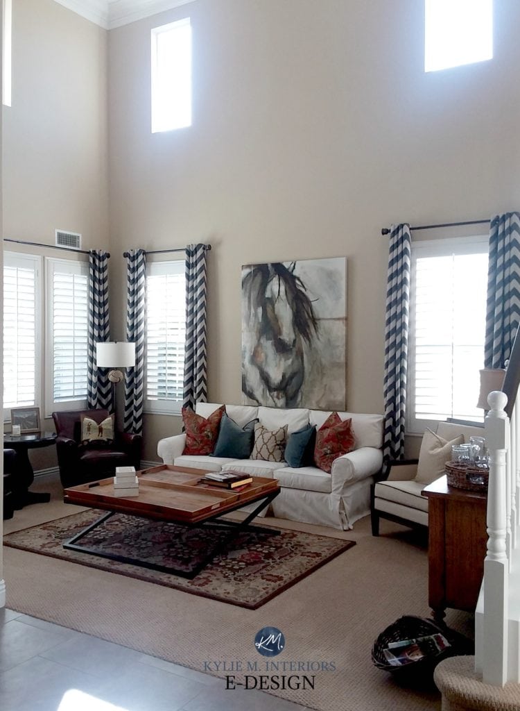 Benjamin Moore Shaker Beige, 2 storey living room with modern country style decor and beige carpet. Kylie M INteriors Edesign, online paint colour consulting. Client photo