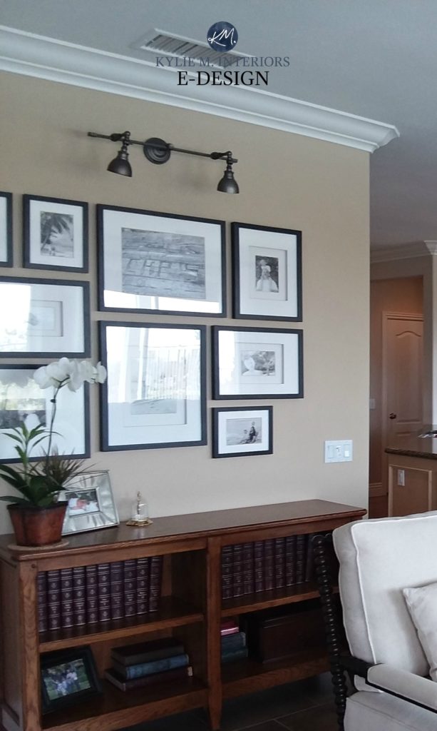 Benjamin Moore Shaker Beige. Kylie M Interiors Edesign, dark wood furniture and gallery wall. Best beige paint colour, client photo