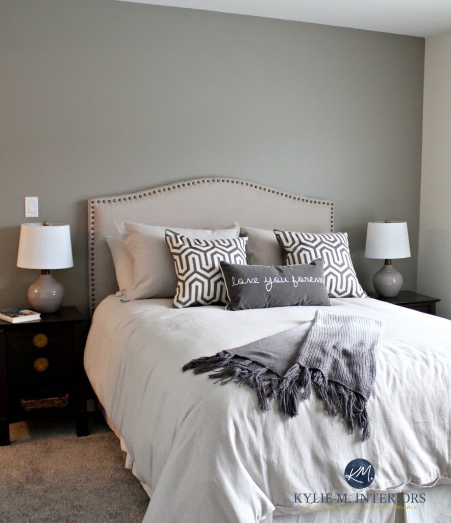 Home staging ideas, paint colours, tips by Kylie M Interiors. Paint colour Sherwin Williams Dorian Gray with neutral bed linens