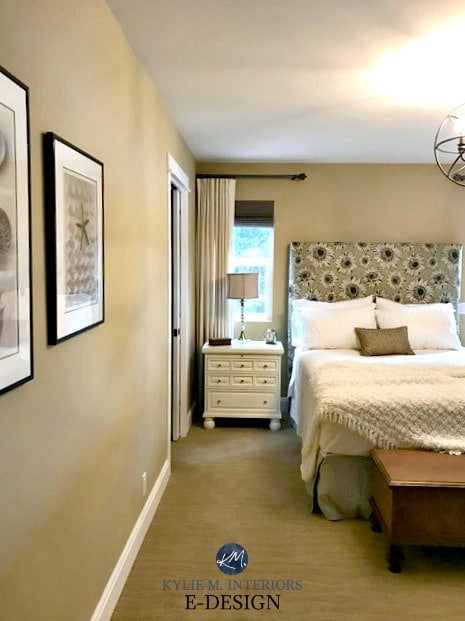 Benjamin Moore Monroe Bisque bedroom, warm neutral, beige paint colour. upholstered headboard. Kylie M Interiors E-design