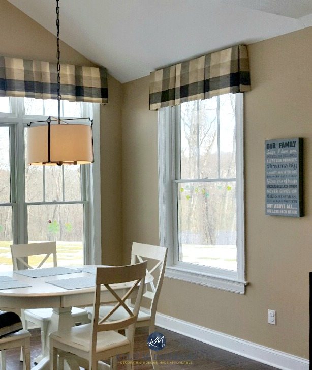 Sherwin Williams Nomadic Desert beige paint colour in dining room, eating nook. Kylie M Interiors E-design