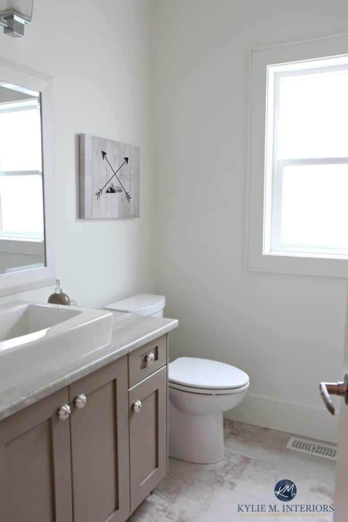 Benjamin Moore White Dove is a great off-white for home staging and selling. Shown in small bathroom with Kingsport Gray vanity