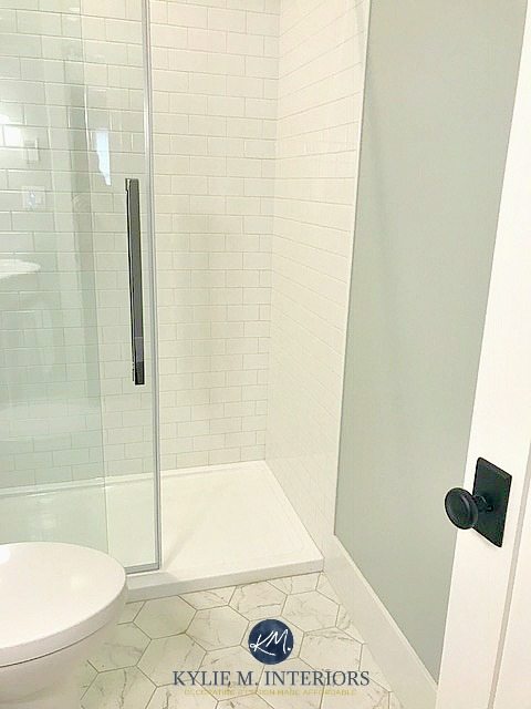 Sherwin Williams Sea Salt in a small bathroomm, white subway tile, marble hexagon floor. Kylie M E-design, colour expert