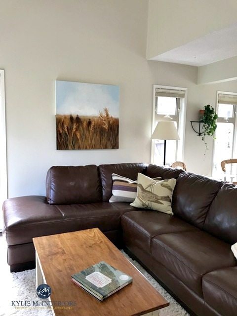Benjamin Moore Ballet White in livign room with vaulted ceilings and brown leather couch. Kylie M interiors Online Colour Consulting and E-decor services