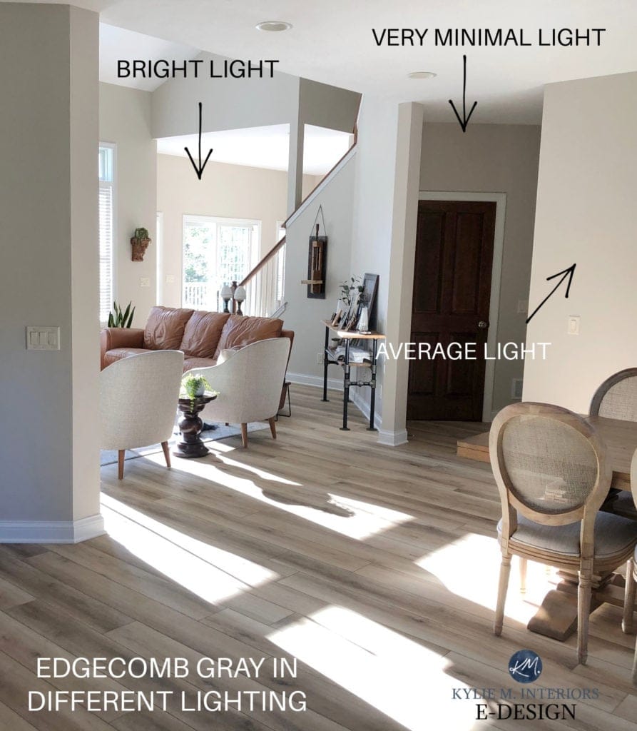 Benjamin Moore Edgecomb Gray Baby Fawn in different lighting, dark room, bright room, wood floor, vaulted ceiling. Kylie M Interiors Edesign client photo