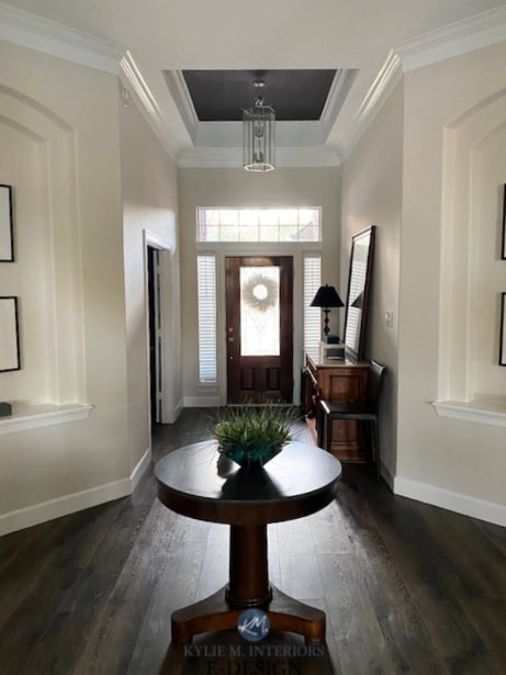 Benjamin Moore Winds Breath, dark painted ceiling in entryway, dark wood flooring. Kylie M interiors Edesign