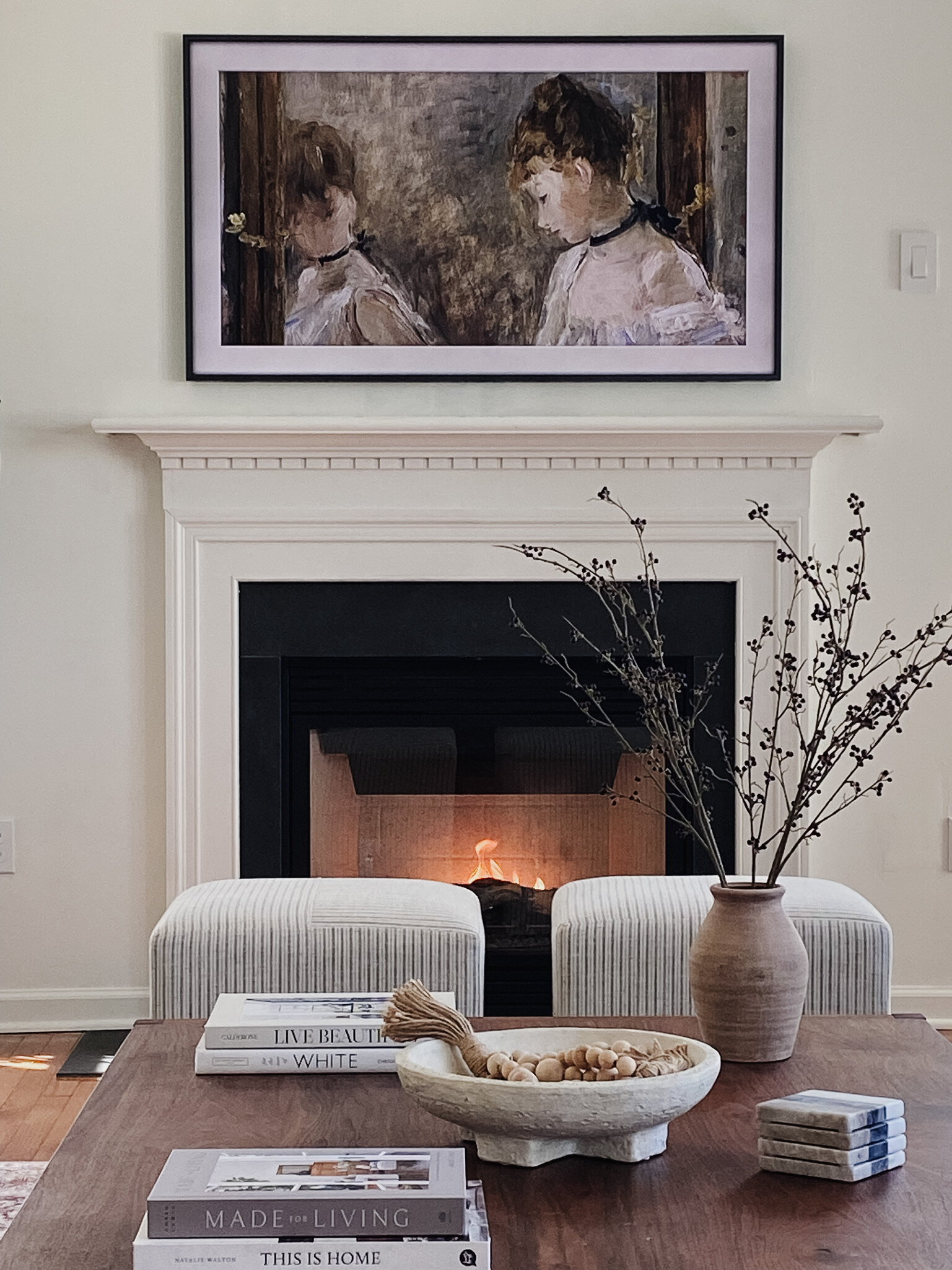 Fireplace with painted white mantel, Sherwin Williams Alabaster warm white walls and trim, neutral transitional style home decor. Kylie M Interiors Edesign, Jenna Christian