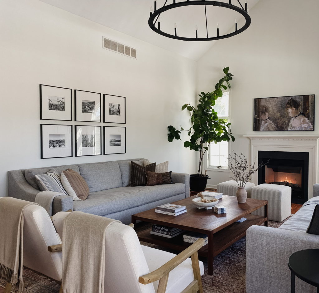 Sherwin Williams Alabaster in transitional modern style living room, fireplace and tv, home decor, neutral palette. Kylie M Interiors Edesign, Jenna Christian home