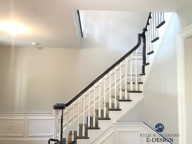 Benjamin Moore Gray Owl with wainscoting, dark wood handrailing on stairs. Kylie M Interiors Edesign, online paint color consulting