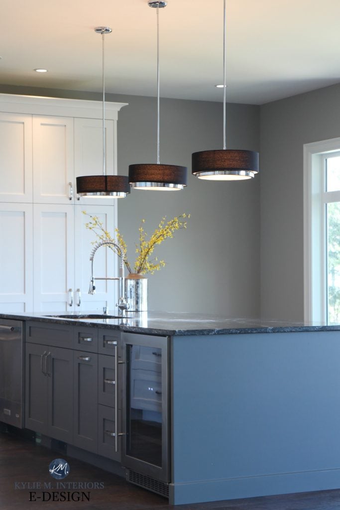 Best gray paint colours. Kitchen island painted dark gray, black quartz countertop, modern pendant lights, Dorian Gray paint colour walls. Kylie M Interiors Edesign and decor blog