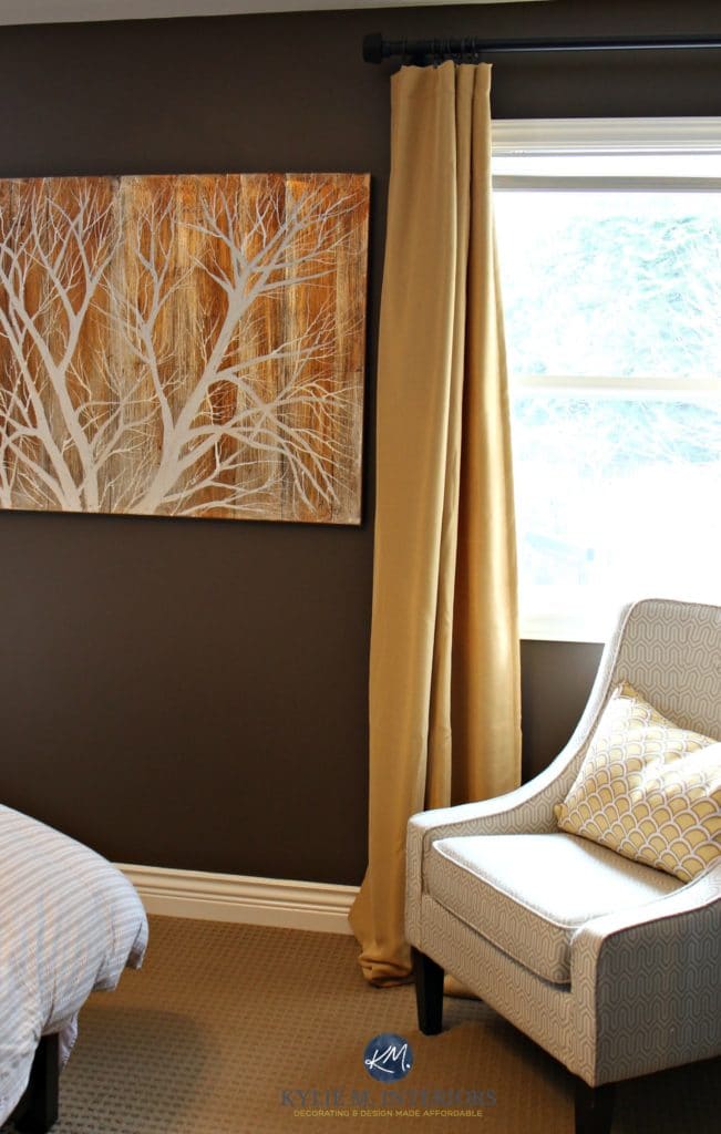 LRV and paint colours. Benjamin Moore Brown Horse in a bedroom with gold accents. Kylie M Interiors