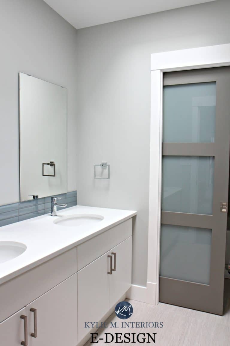 Benjamin Moore Stonington Gray and Chelsea Gray small bathroom, modern. Kylie M Interiors E-design, colour expert