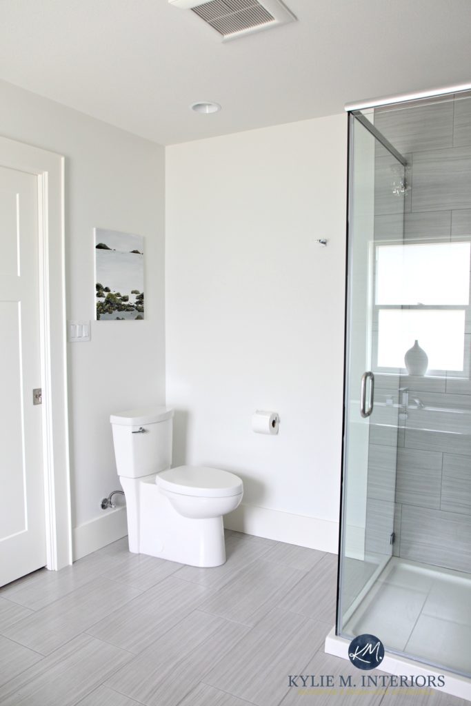 Benjamin Moore White Dove is a great off-white paint color for home staging and selling. Shown in small bathroom with Kingsport Gray vanity