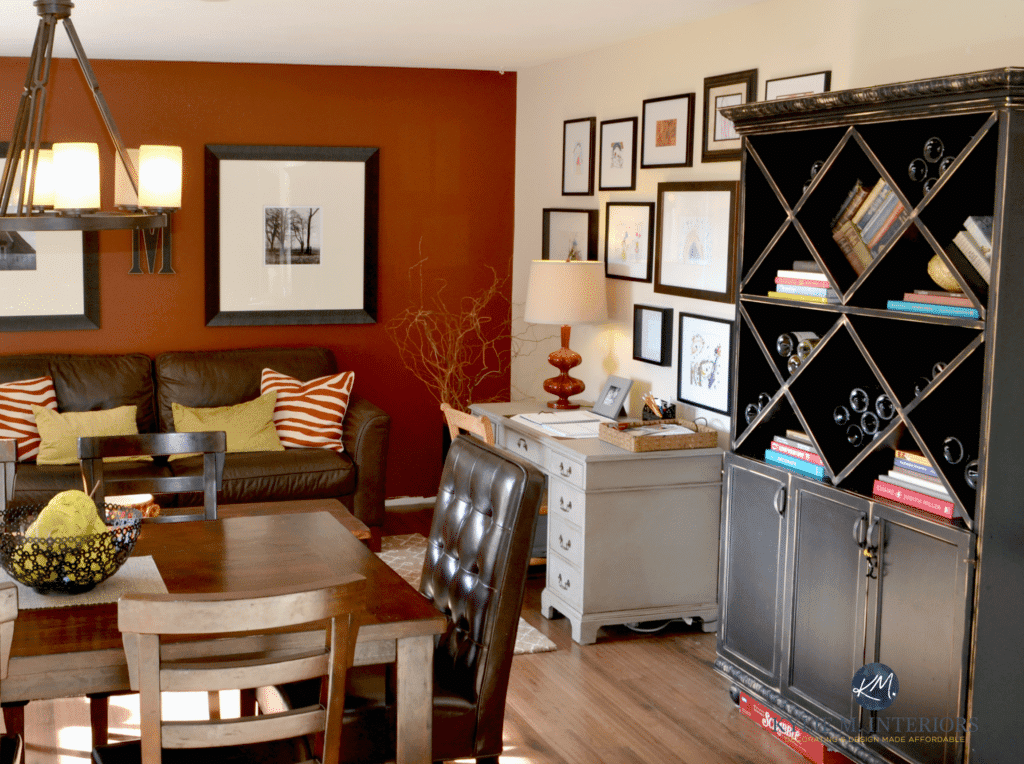 Red, rust coloured feature wall makes this space feel cozier and smaller with Gentle Cream. Kylie M Interiors