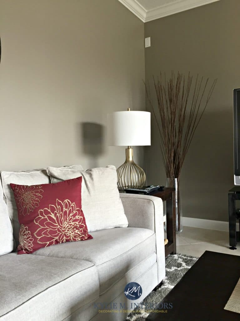Keystone Gray Sherwin Williams, greige couch, red accents in living room. Kylie M Interiors E-design and Online Colour Consulting