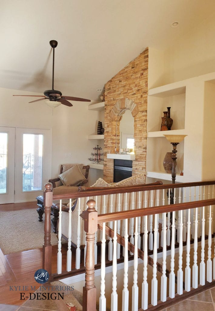 Living room with warm beige cream blend walls, Sherwin Williams Divine White, tuscan stone yellow cream fireplace, wood floor. Kylie M Edesign, diy ideas