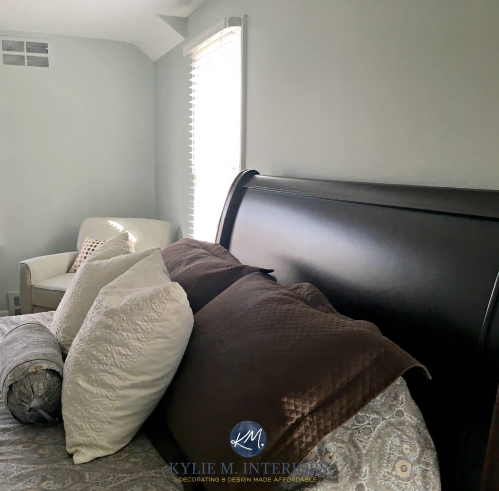 Sea Salt Sherwin Williams in a master bedroom with chocolate brown and cream accents. Kylie M Interiors ONline Colour consulting and e-design