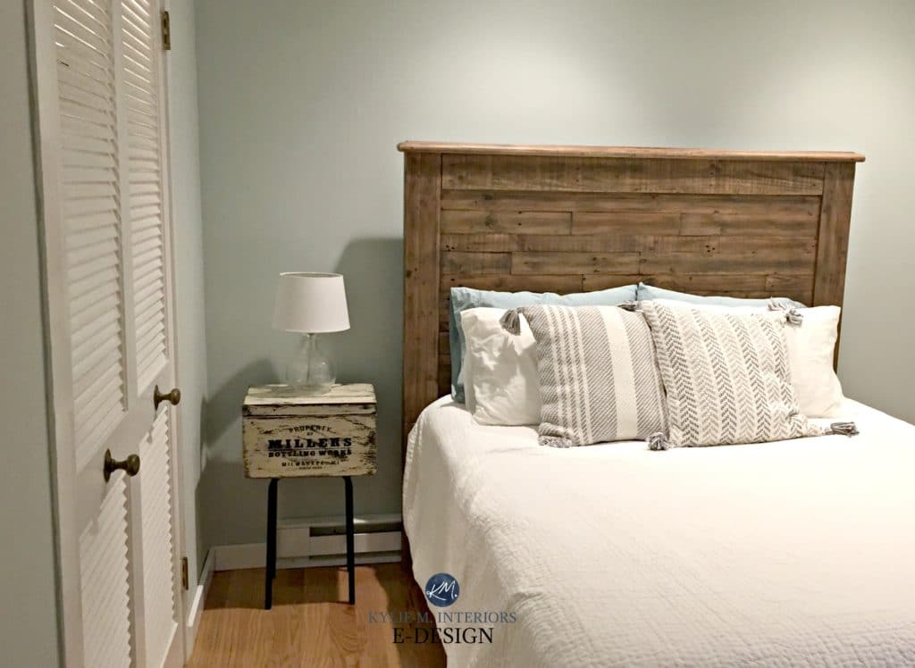 Sherwin Williams Sea Salt, best green blue paint colour in guest bedroom with wood headboad. Rustic style. Kylie M E-design