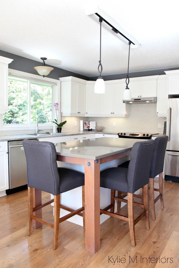 Maple kitchen painted Cloud White, gray quartz, reclaimed wood island, hexagon subway tile backsplash