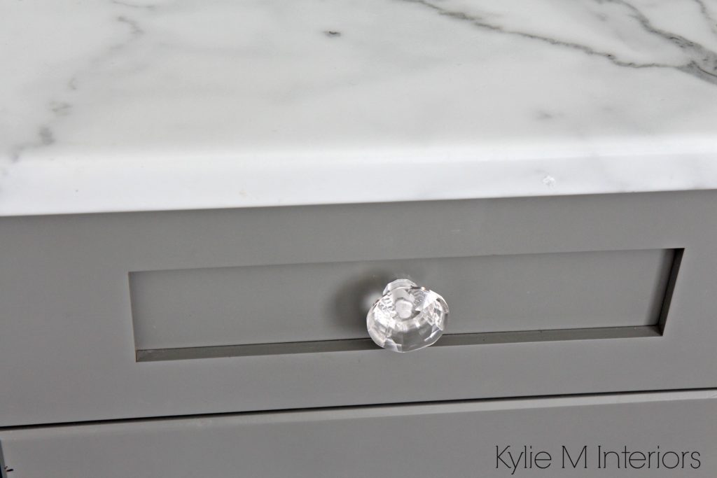 Formica 180Fx Calacatt marble laminate countertop, Chelsea Gray vanity and crystal knobs by Kylie M Interiors E-Design Services
