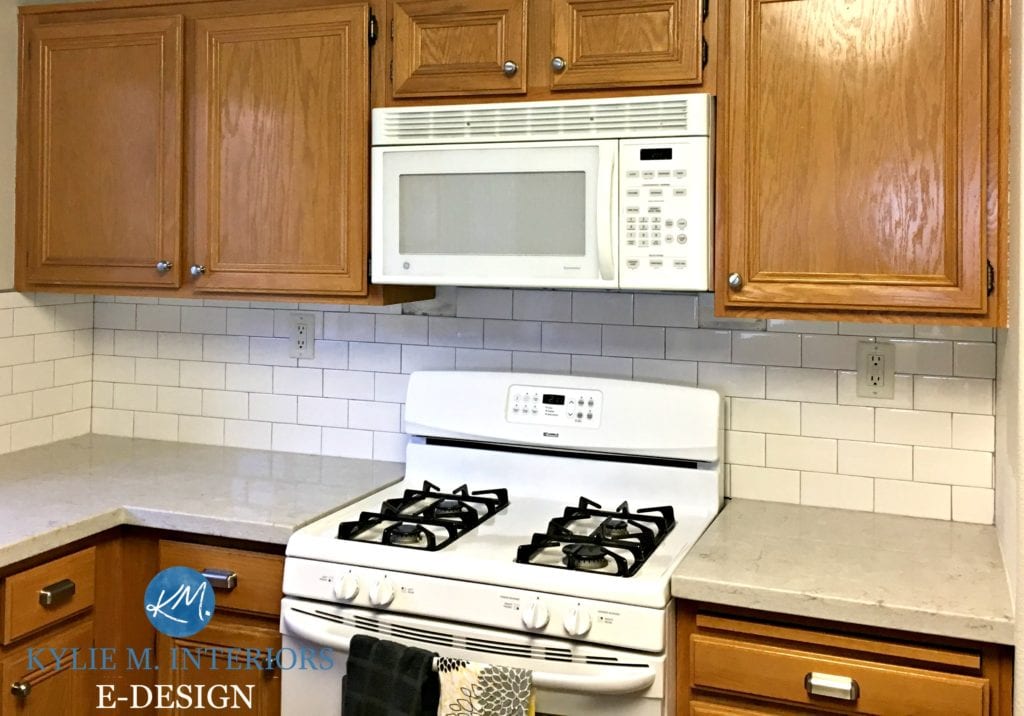 Ideas to update oak kitchen cabinets with countertop, backsplash and hardware. white appliances. Kylie M Interiors E-design