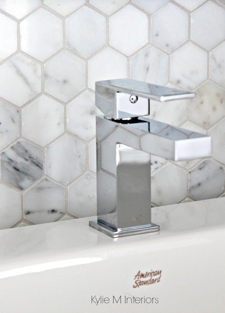 Marble hexagon pattern backsplash tile, mosaic. Shown with square, modern chrome faucet