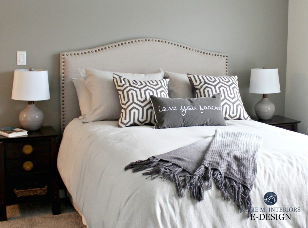 Sherwin Williams Dorian Gray, linen headboard. Kylie M E-design, online paint colour, decorating consultant